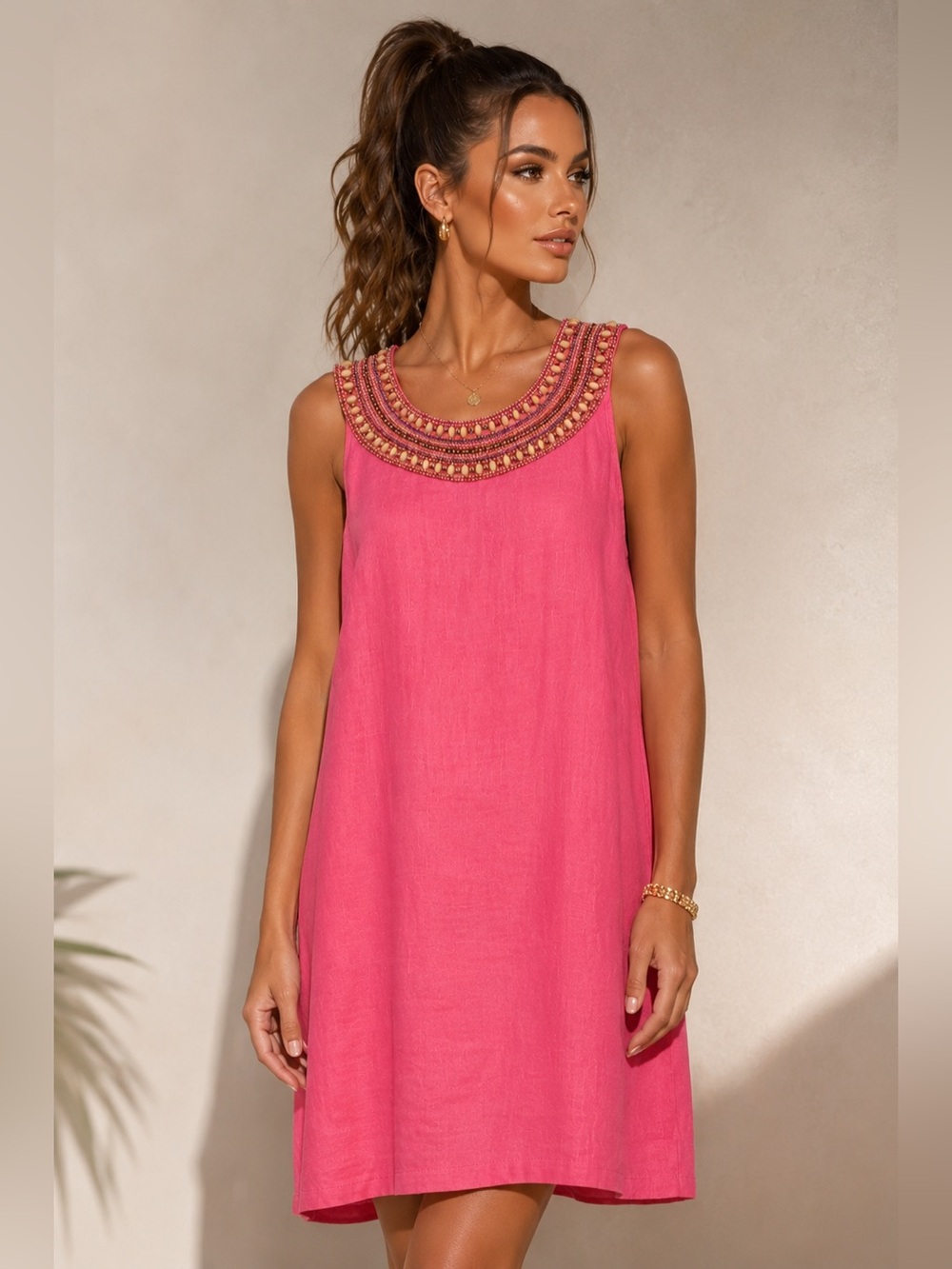 100% Linen Bella Tu Pink Beaded Shift Dress Boho Resort Size Large Made in India